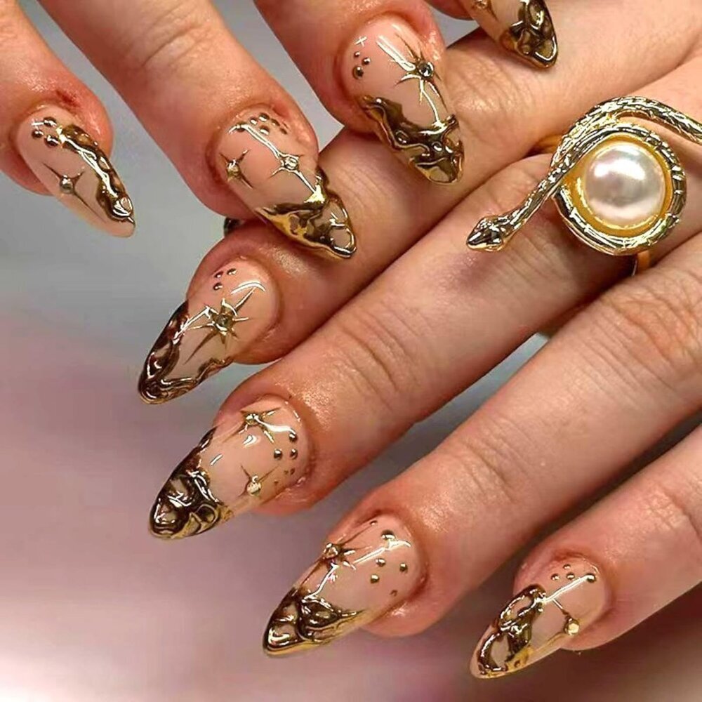 Gold French Tip Press On Nails Short Almond Fake Nails Nude False Nails With 3d